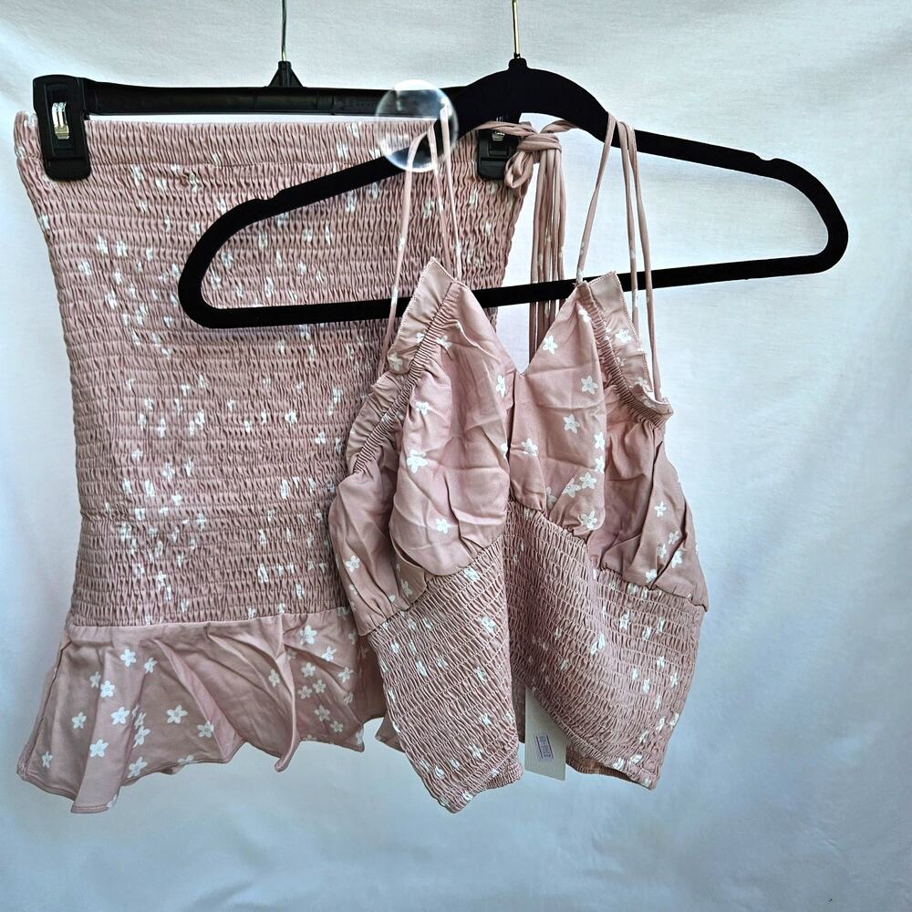 Celecci Pink Halter Crop Top & Skirt Set Smocked Size S New